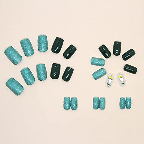 24Pcs Green Press On Nails Square Fake Nails Medium Length False Nails With Rhinestone Designs Full Cover Glossy Acrylic Nails Glitter Artificial Fake Nails For Women Spring Summer Nail Decoration #TOP2