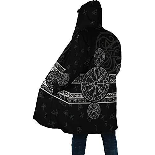 Viking Amulet Totem Winter Lamb's Fleece Warm Cape Aegishjalmur Tattoo Mid-length Casual Hooded Jacket Outdoor Coats (Color : Vegvisir Coat of Arms, Size : X-Large)2