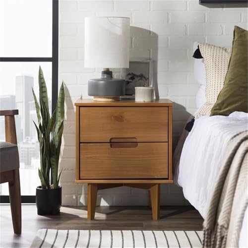 Walker Edison Mid Century Modern Grooved Handle Wood 2-Drawer Nightstand Side Table Bedroom Storage Drawer and Shelf Bedside End Table, 23 Inch, Caramel by Walker Edison - Image 5
