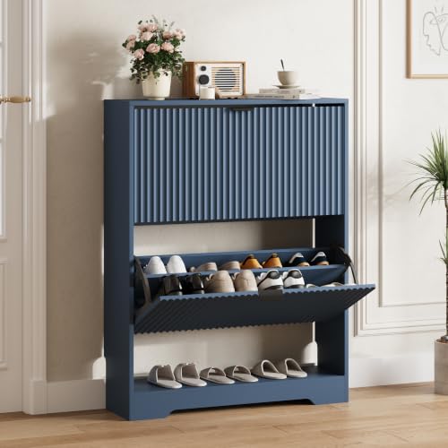 Image of HUANLEGO Shoe Cabinet Storage for Entryway with 2 Flip Drawer, Blue | Fluted Shoe Cabinet with Open Storage, Hidden Shoe Rack for Entryway,Freestanding Narrow Shoe Organizer for Hallway, Entrance