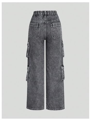 OYOANGLE Girl's Cargo Jeans Elastic Waist Flap Pocket Straight Leg Pants Y2K Denim Pants2