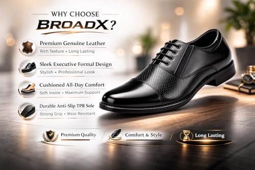 Image of BROADX Men's Stylish Comfortable Black Leather Dress Shoes, 8000B Lace up Formal Shoe's Elegant & Comfortable Office Wear Oxford Style Color Black