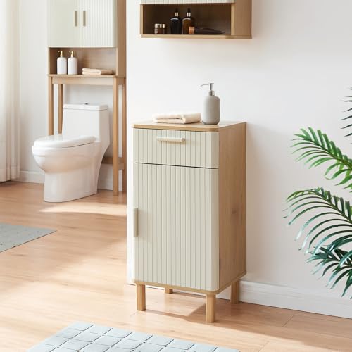 [en.casa] Meuble Bas de Salle de Bain sur Pieds Armoire avec Étagère et Tiroir Façade Striée Décorative Rangement Ordonné Stable MDF Bois de Pin 80 x 40...
