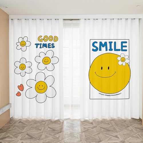 BLONGFA Cortinas Semi Opacas Nórdicas Minimalistas Smiley Face Cartoon Yellow Style para Habitaciones Infantiles, Ojales De Dormitorio, Cortinas 2 Piezas En Total 290 (H) X140 (W) Cmx2 Y2770