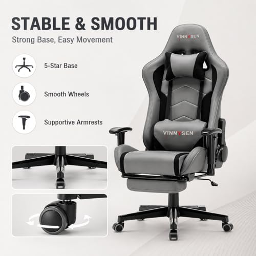VINNYSEN Gaming Chair Computer Chair, Ergonomic High Back Fabric GamingChair 3D Handrail, Tilt 180° and Height Adjustable ComputerChair with Neck and Massaging Lumbar Support (Grey)