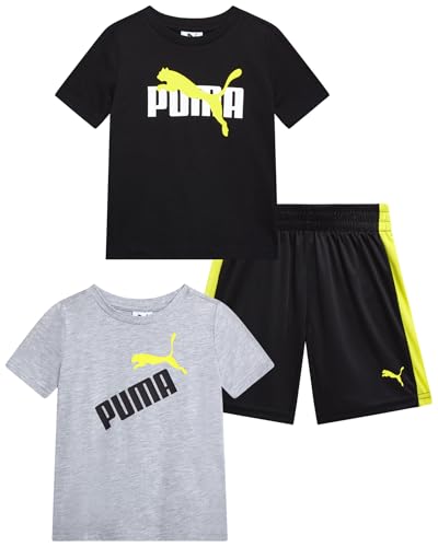 Image of PUMA Boys Short Set - 3 Piece Short Sleeve Graphic T Shirts and Boys Shorts Kids Youth Matching Activewear Set (2T-7)