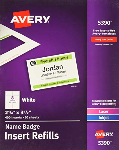 Avery Name Badge Inserts, Print or Write, 2-1/4 Inch x 3-1/2 Inch, 400