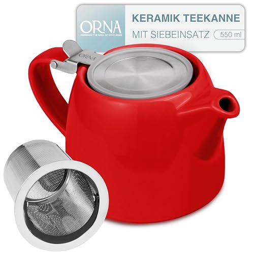 ORNA Keramik Teekanne mit Siebeinsatz 550 ml – Kleine Teekanne für losen Tee – 0.5L Teapot mit Teesieb für 2 Tassen – Stumpf Teekannen mit Filter (Rot)