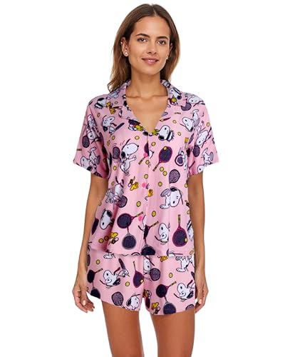 Image of COCO BRANDS Peanuts Snoopy Womens Pajama Set - 2 Piece Short Sleeve Button Down Sleep Shirt and Pajama Shorts