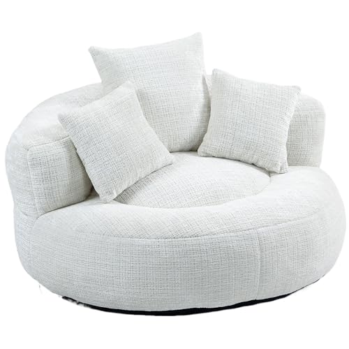SHAIRMB SillóN Redondo Extragrande, Sofá Cama Individual Tipo Chaise Longue Tapizado con Asiento Profundo, Puf De Chenilla con Cojines, Ideal para Sala De Estar, Dormitorio,Blanca