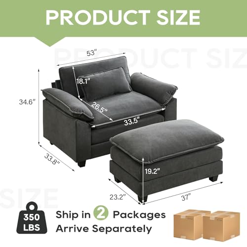 Image of 53 inch Modular Sectional Sofa, Comfy Deep Cloud Couch with Ottoman | Couches for Living Room, Sofa Bed, Modular Couch, Deep and Wide Seat, Velvet Sofa Sleeper with Throw Pillows, Blue Grey