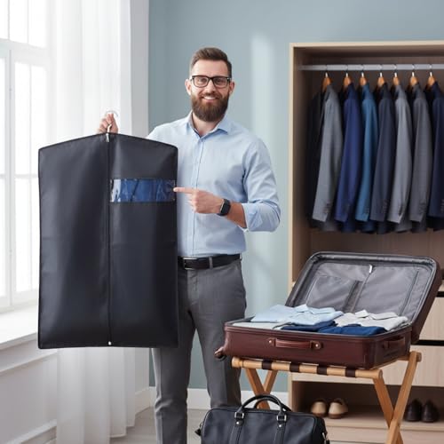 Image of Coat Covers with Zip and Hanger Window, Set of 6 Garment Bags for Suits, Blazers, Jackets, Foldable Dust Cover for Wardrobe Storage, 36 x 24 Inch, Black
