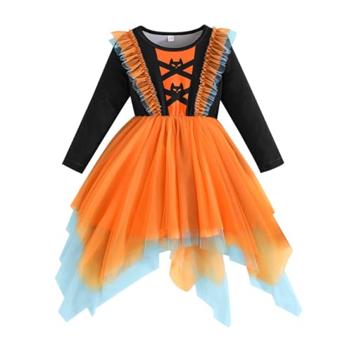 Yanmucy Vestido de Halloween para bebé ou menina, irregular, multicolorido, de tule, manga comprida, para festas de Halloween, para meninos de 2 a 8 anos, Laranja