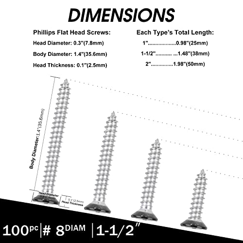 Image of Black Head 100 PCS #8X1-1 /2 inch(1.5 inch) Stainless Steel Phillips Flat Head Wood Screws,Stainless Steel 18-8 A2(304) Screw,Home Screw Kit by QISHENG