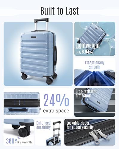 Image of LIGHT FLIGHT Carry On Luggage 22x14x9 Airline Approved, Expandable Carry On Suitcases with Wheels, Lightweight Luggage, Durable Hard Shell 20 Inch Rolling Suit Case for Men Women Travel,Light Blue