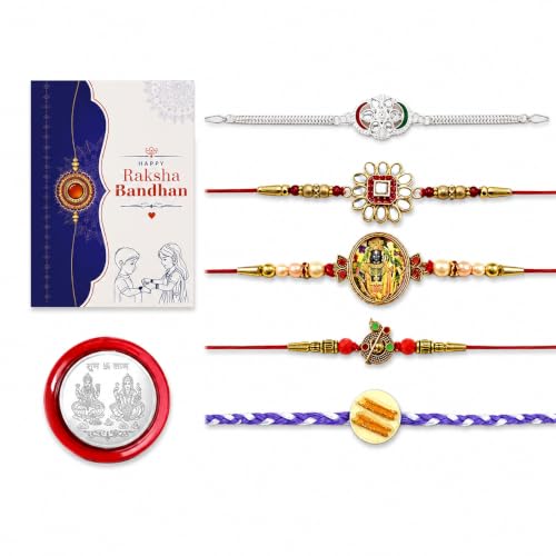 Image of Periapt Rakhi Gift Set for Brother & Bhabhi - Traditional Rakhis with Silver Coin & Greeting Card - Combo for Raksha Bandhan