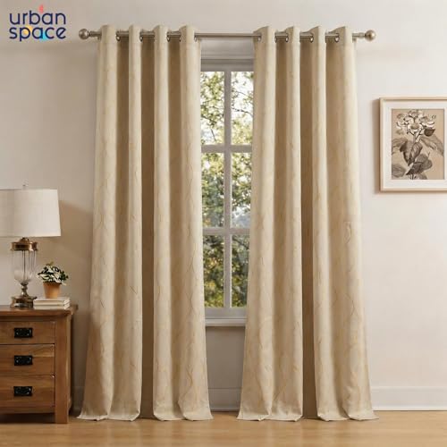 Image of Urban Space 80-85% True Blackout Curtains for Long Door, Gold Foil Printed Blackout Curtains, Blackout Decorative Door Curtain Eyelet with Tieback, 1 Piece Curtain for Living Room(Wave Beige, 8 Feet)