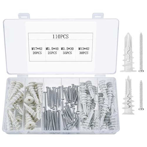 110 Dämmstoffdübel, Fassadendübel, Selbstbohrender Rigipsdübel, Gipskartondübel mit Schrauben, Hohlraumdübel Trockenbau Dübel mit Selbstschneidende Schrauben Zur Gipsbauplatten Beton Ziegeln (weiß)