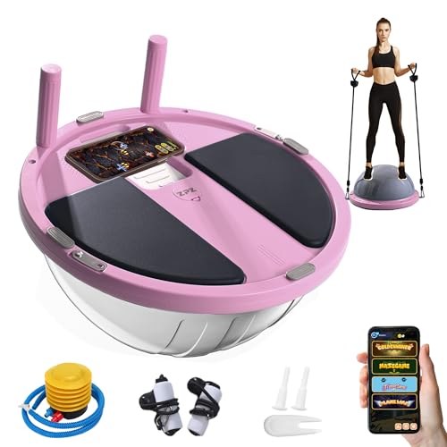 ZPZ Half Balance Ball Trainer, Compact Portable Inflatable Exercise Yoga Stability Ball with App-Based Balance Game, Pilates Resistance Bands, Foot Pump, Non-Slip Base for for Full-Body Workouts, Home Gym & Easy Storage (18.3 Inch Pink)