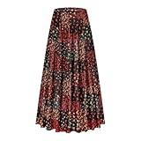 CYiNu Women's Chiffon Elastic High Waist Tiered Pleated Floral Printed A-Line Boho Long Maxi Skirts(Splice Red Black Floral,XL)