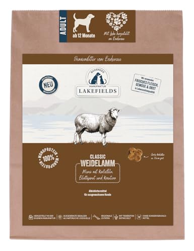 Lakefields Classic Hundefutter trocken | Lamm 60% | 1 kg | Getreidefreies Trockenfutter | Zutaten in Lebensmittelqualität | Kartoffeln, Blattspinat & Kräutern | Schonend gebacken