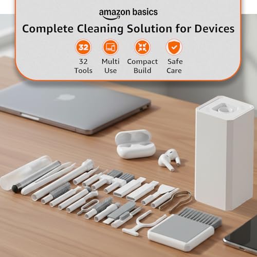 Image of Amazon Basics 32-in-1 Laptop & Screen Cleaning Kit with SD Card Slot | Multi-Device Cleaner for MacBook, iPad, iPhone, DSLR, Earbuds & Keyboards | Portable Electronic Cleaning Tool (White)