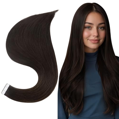 Image of Full Shine Tape in Hair Extensions Human Hair Color Dark Brown Tape Hair Extensions Real Human Hair 14Inch Skin Weft Tape in Extensions 20pcs 50Gram Silky Straight Hair Extensions Tape in