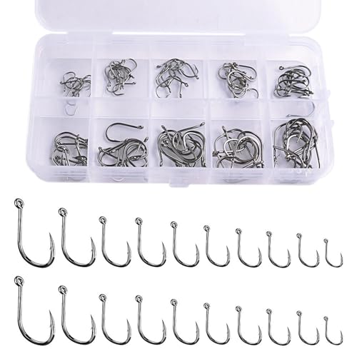 100 Anzuelos de Pesca en 10 Tamaños – Ganchos de Acero al Carbono con Punta Afilada y Caja Organizadora para Pesca en Agua Dulce y Salada, 3# - 12#