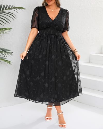 Image of Pinup Fashion Plus Size Wedding Guest Chiffon Semi Formal Maxi Dress | Chiffon, V-neckline, short sleeves, shirred waist, textured floral pattern, maxi length, versatile for all seasons