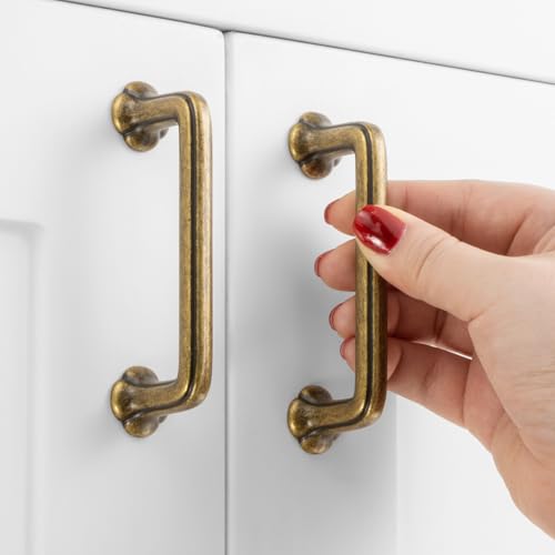 ASKANO 10個パック 3インチ穴センター、アンティーク真鍮キャビネット取っ手 ヴィンテージ真鍮キャビネットハンドル 真鍮キッチンハードウェアキャビネット2502引き出し 寝室 ドレッサー バスルーム 化粧台 食器棚 クローゼット用