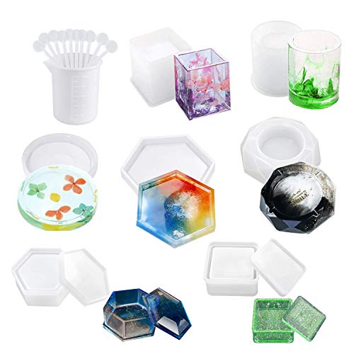 DIY Silicone Resin Molds, 7 Pack Casting Molds Kit, with 1 Measuring Cup & 10 Plastic Transfer Pipettes, Resin Art Molds for Resin Epoxy, Candle Wax, Soap, Bowl Mat etc