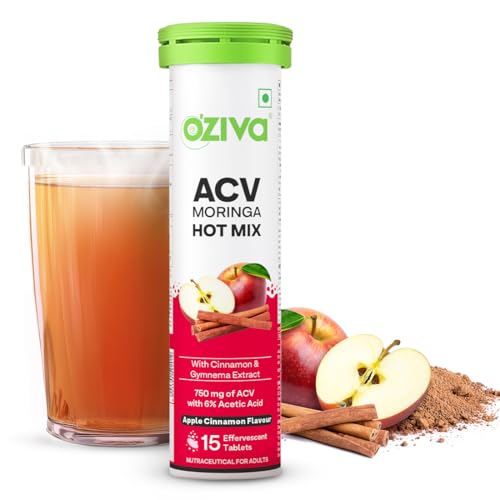 OZiva ACV Moringa Hot Mix | Control Cravings & Boost Metabolism | Apple Cider Vinegar, Gymnema, Cinnamon, Moringa | Apple Cinnamon - 15 Effervscent Tablets.