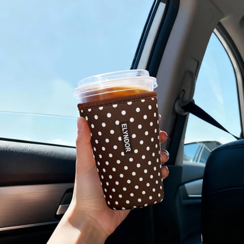 Image of Reusable Insulated Sleeve for Iced Coffee Cup, 3-Pack Coffee Neoprene Drink Sleeve for Cold & Hot Drinks, Beverage Holder for Iced Coffee (Brown Polka Dots)