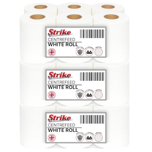 Strike White Centre Feed Roll Embossed 2ply Wiper Paper Towel 50M p/Roll 6 Per Pack Family Disposable Kitchen Rolls Cleaning Household (18 Rolls)