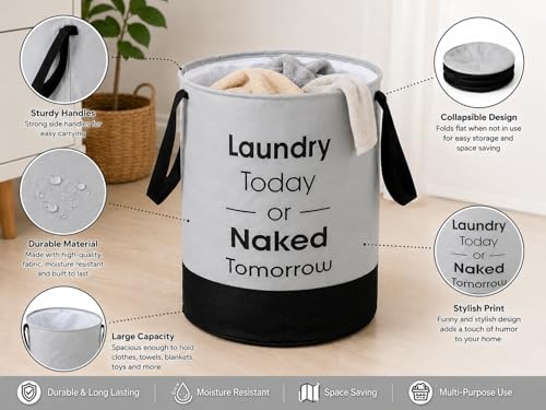 Image of 45L Non Woven Wave Printed Round Foldable Large Laundry Bag /Basket With Handle, Freestanding Cloth Storage Organizer grye black
