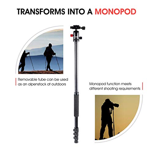 MACTREM Tripod DSLR SLR Tripod, 62.5" Light-Weight Aluminum Alloy Camera Tripod Phone Tripod with Phone Holder, 360 Degree Ball Head, Detachable Monopod, 34lbs Load with Carry Bag, Black - Thumbnail 4