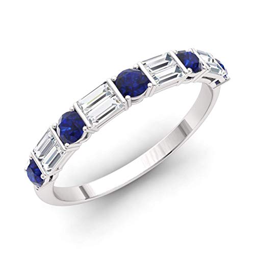 Diamondere Natural And Certified Blue Sapphire And Baguette Diamond Wedding Ring In 14K White Gold | 1.06 Carat Half Eternity Stackable Band For Women, Us Size 7 #TOP13