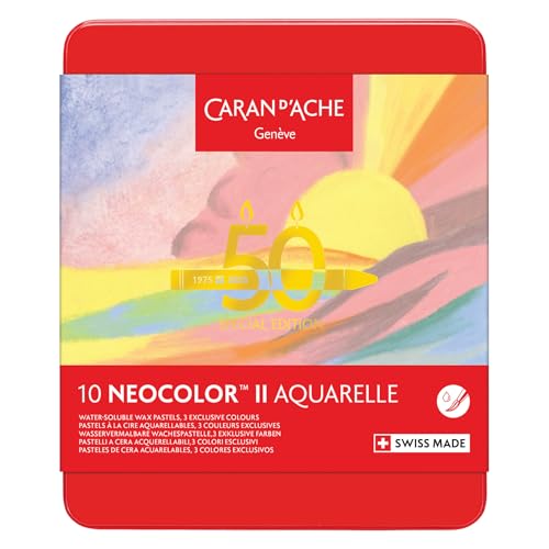 Caran d'Ache Neocolor II - Pasteles de cera solubles en agua, edición especial de 50 años, pastel, lata de 10 colores, crayones para colorear artísticos, regalo para amantes del arte, juego de arte