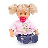 Sie hat ein liebliches Gesicht und schöne blonde Haare, legt man sie ins Bett schließt sie ihre Augen und schläft mit ihren Puppeneltern