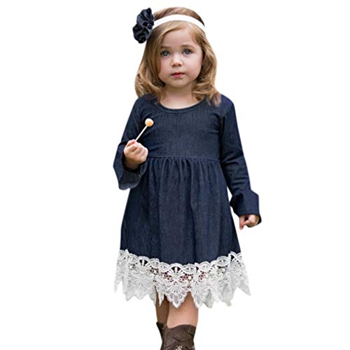 Tout Petit Bébé Fille Épissures Manches Dentelle Style Robe Simple Denim Flare Sundress Les Vêtements De Longueur Genou Mince Robe À Manches Longues Ronde Fashion Printemps Cou Robes Casual Cover