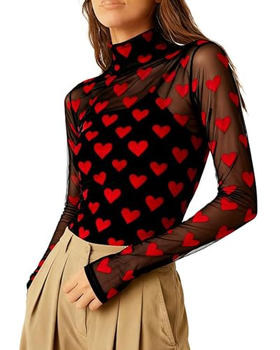 Acrawnni Damen-Mesh-Tops mit Herzmuster, modisch, Stehkragen, lange Ärmel, schmale Passform, Valentinstag, durchsichtig, zum Ausgehen, A-kastanienbraun, S