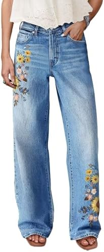 Flamingals Straight Leg Jeans for Women Mid Rise Casual Wash Floral Embroidery Denim Pants Light Blue S
