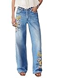 Flamingals Straight Leg Jeans for Women Mid Rise Casual Wash Floral Embroidery Denim Pants Light Blue S