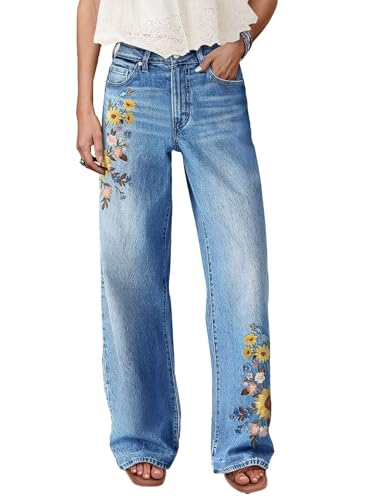 Flamingals Straight Leg Jeans for Women Mid Rise Casual Wash Floral Embroidery Denim Pants