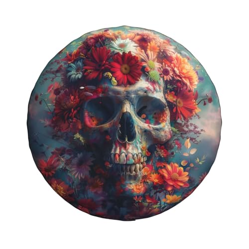Image of Halloween Spare Tire Cover Skull with Flowers Tire Cover Universal Wheel Protectors Wheel Covers for Rv Camper Travel Trailer SUV Truck 16 Inch