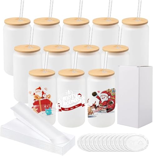 Lote de 12 cajas de cristal con tapa, vasos de lata helada sublimable 16oz con pajitas de vidrio y caja de regalo, tazas de vasos sublimables para café helado, jugo y soda