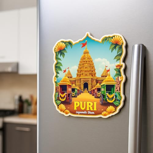 Image of Naxon Jagannath Temple Puri Theme Souvenir Wooden Fridge Magnet - 3x3 Inch Refrigerator Magnet for Kitchen & Home Decor | Spiritual Travel Souvenir Gift | Pack of 1