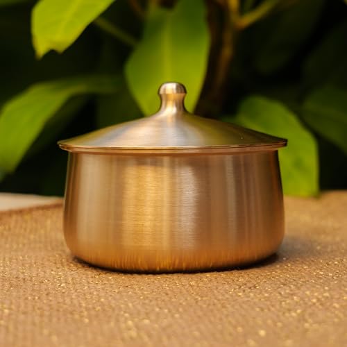 Image of Very Vogue Pure Kansa Handi with Spoon - 600 ML Small Serving Bowl | Traditional Tapeli /Bhagona with Golden Finish | Healthy Ayurvedic Bronze Serveware for Kitchen & Dining