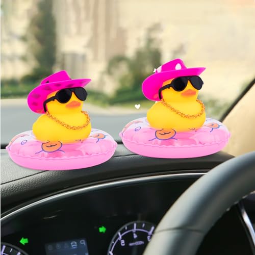 Image of wonuu Car Rubber Duck, Yellow Duck Decoration Dashboard with Sun Hat Swim Ring Necklace Sunglasses for Car Dashboard Decorations, Black Spots Pink Cowboy Hat-Pink