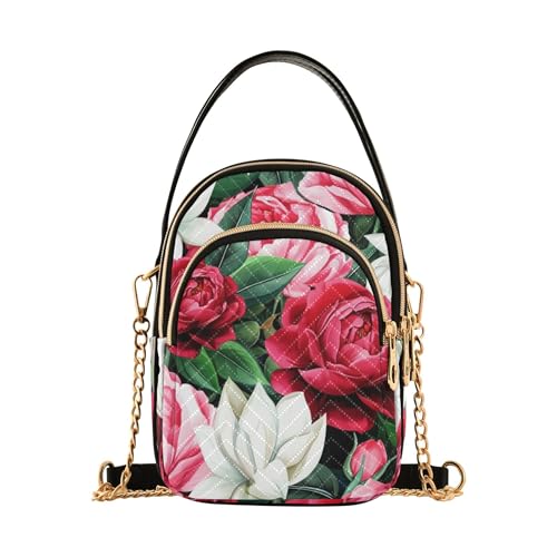 One Shoulder Handbags White Red Pink Peonies Quilted Phone Wallet Chain Strap Purse Cute Zipper Crossbody Bowler Bag, 5.9